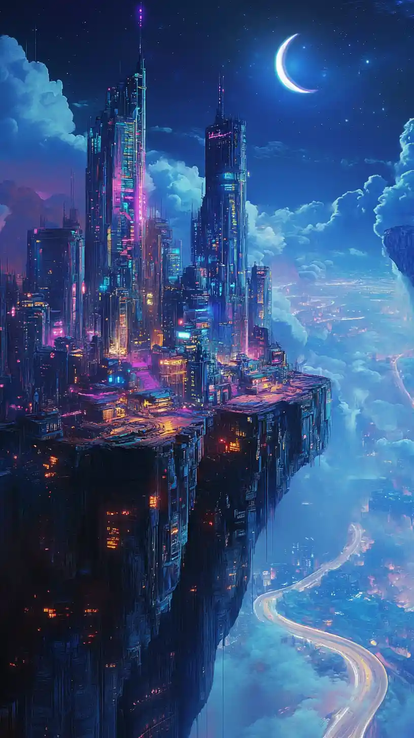 Cyberpunk futuristic city on a cliff with neon lights