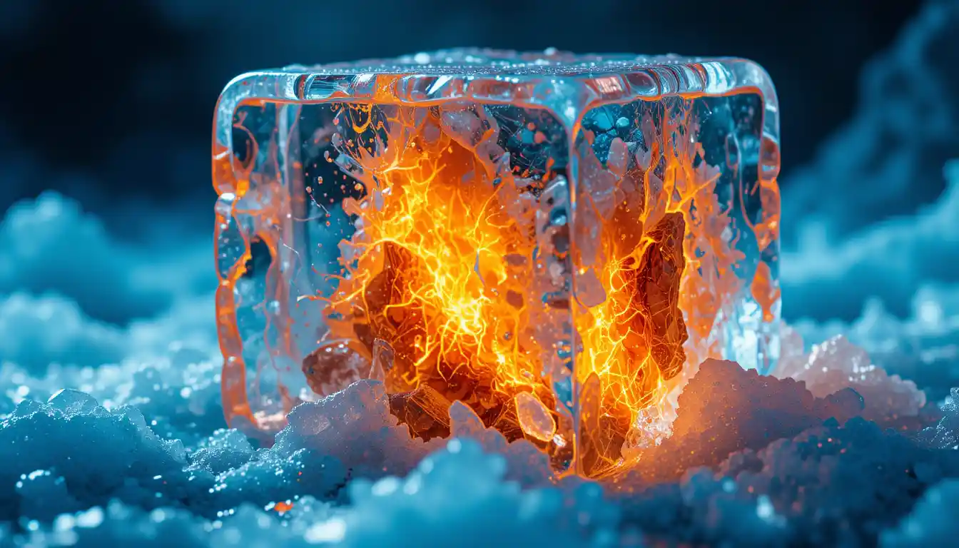 Block of ice ignited by bright orange inner flames