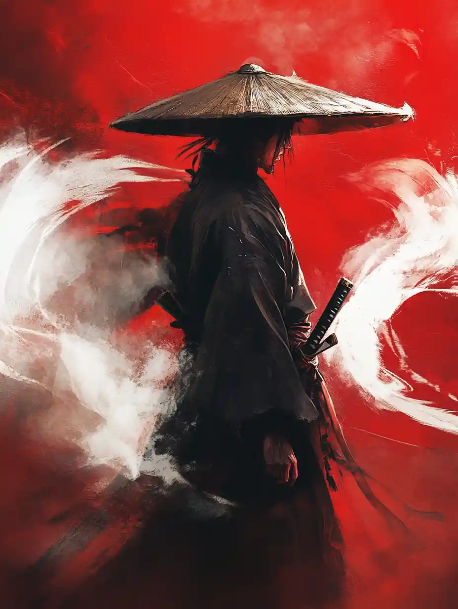 Samurai warrior in dark kimono against vivid red background