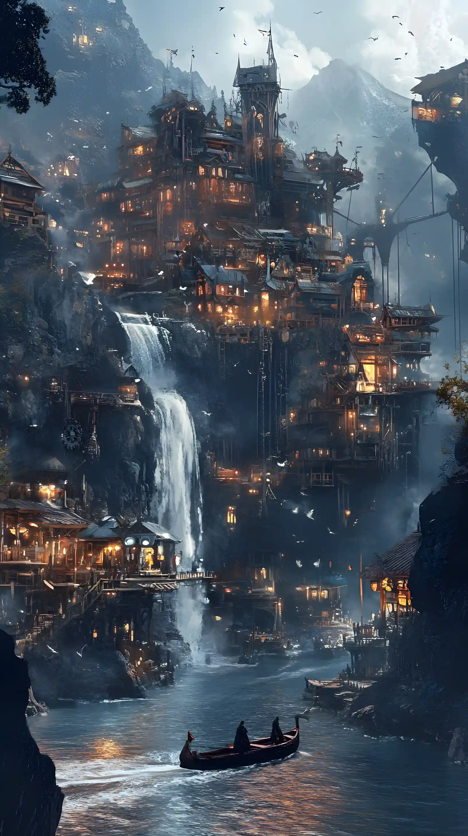Mystical cliffside city with steampunk towers and waterfall