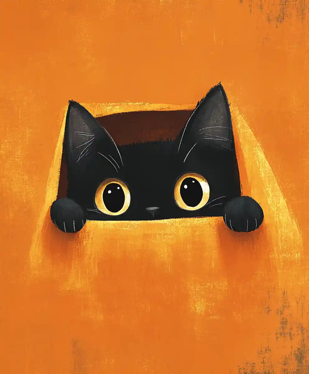 Black cartoon cat peeking from shadow on orange background