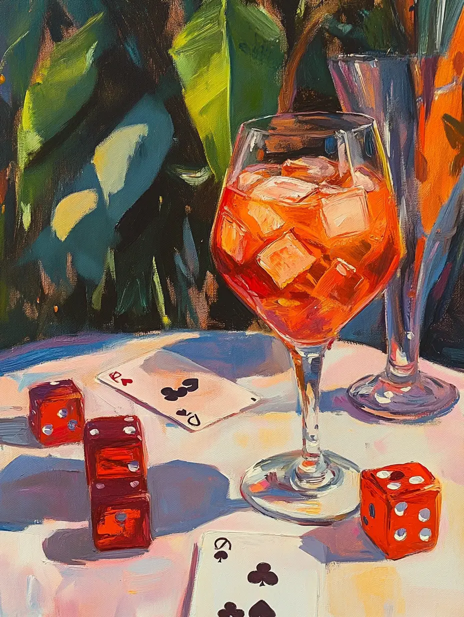 Oil painting of a cocktail and games on a table