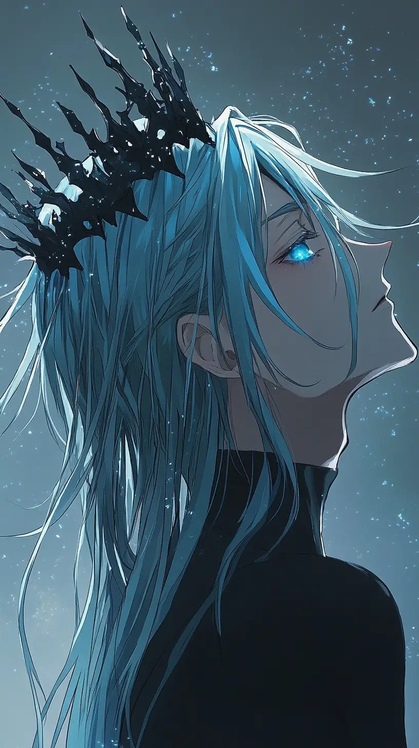 Mystical anime prince with glowing blue eyes in profile