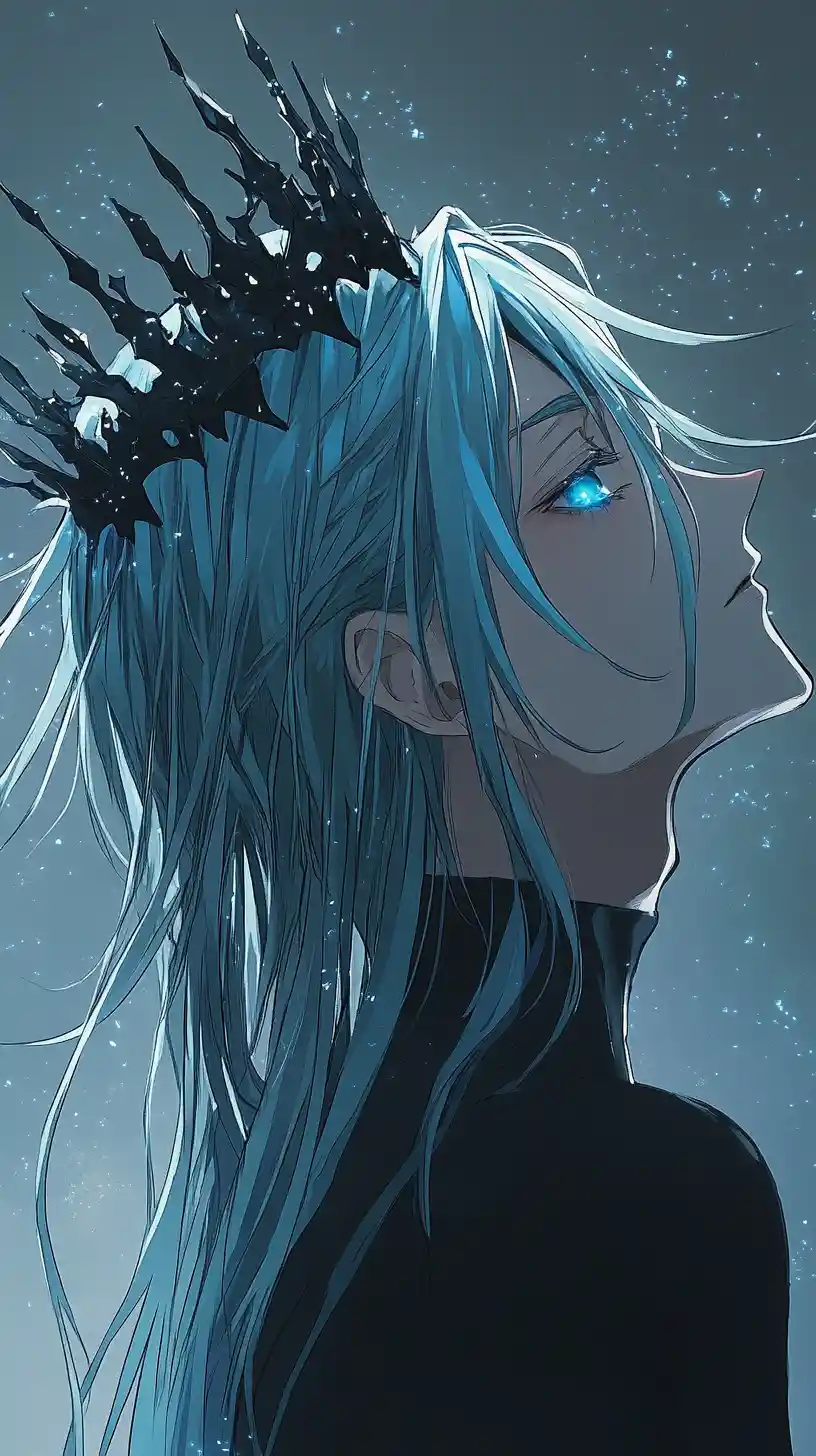 Mystischer Anime-Prinz im Profil mit leuchtend blauen Augen