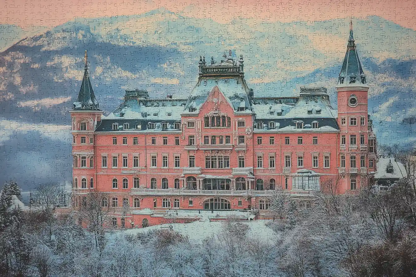 Grand hotel illustration with snowy mountain landscape backdrop