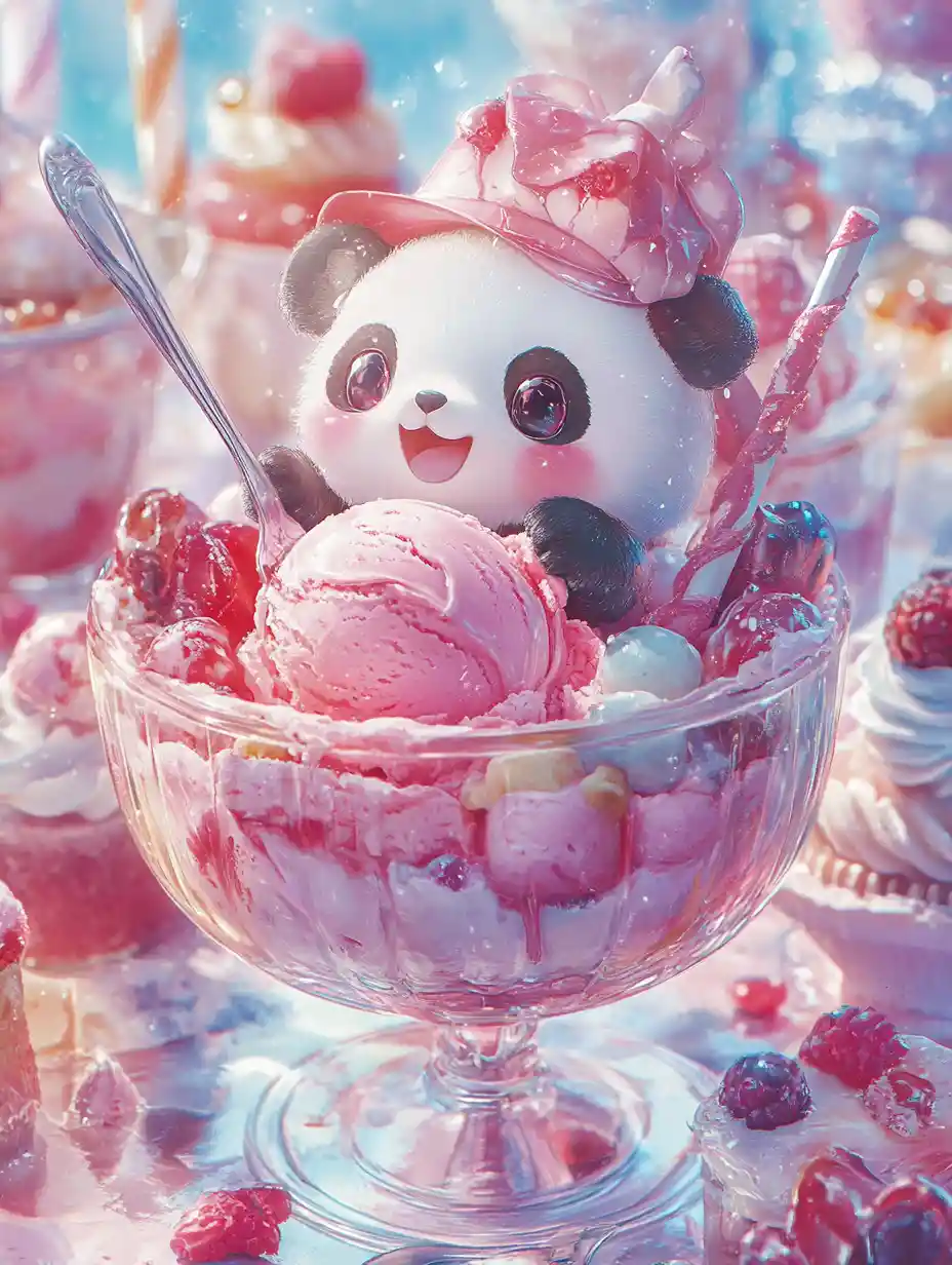 Cute chibi panda relaxing in pink ice cream bowl