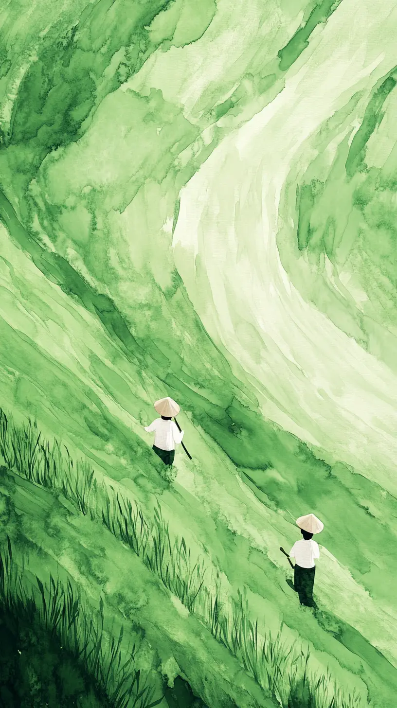 Chinese farmers in green wheat field ink wash poster