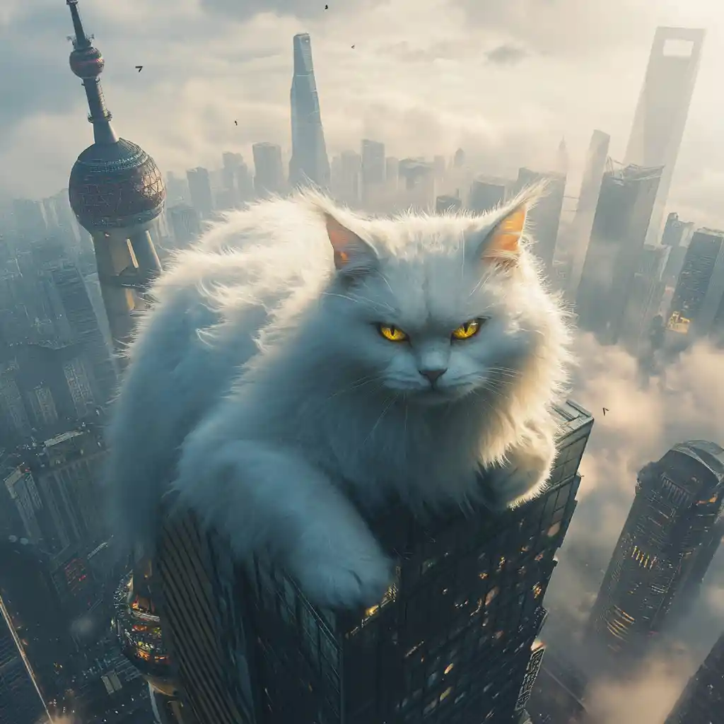 Giant fluffy white cat above a foggy futuristic city
