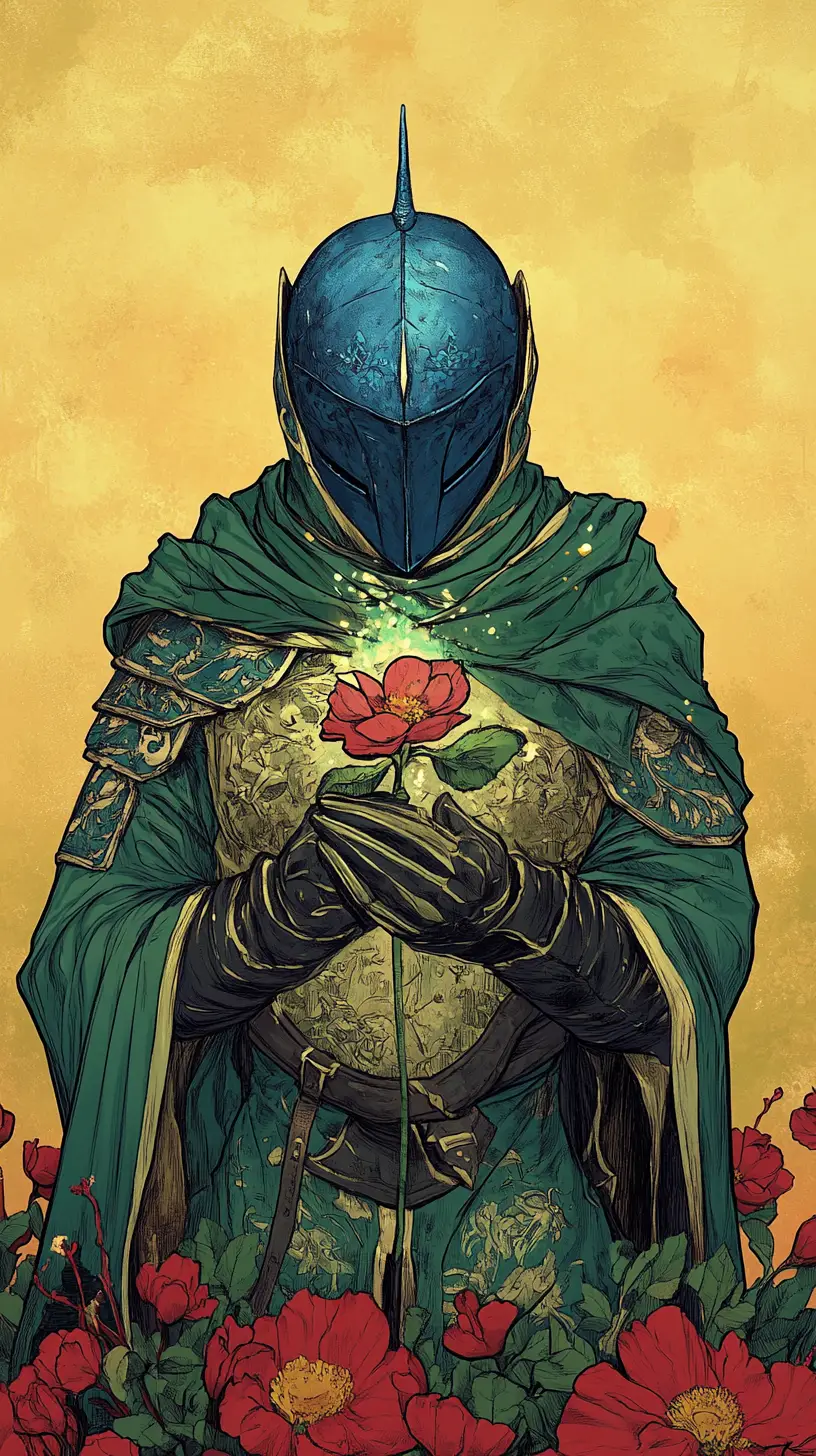 Colorful digital illustration of a knight holding a glowing flower