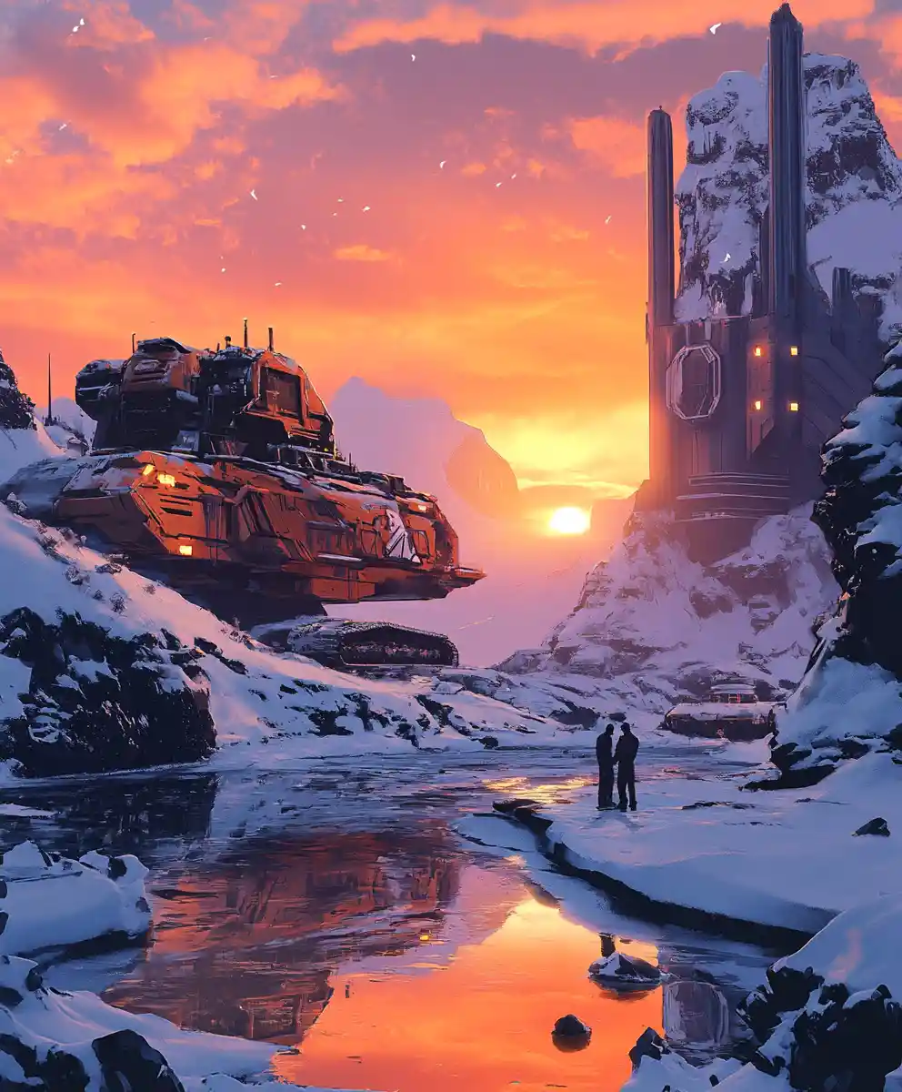 Futuristic machinery towering over snowy mountain lake at sunset