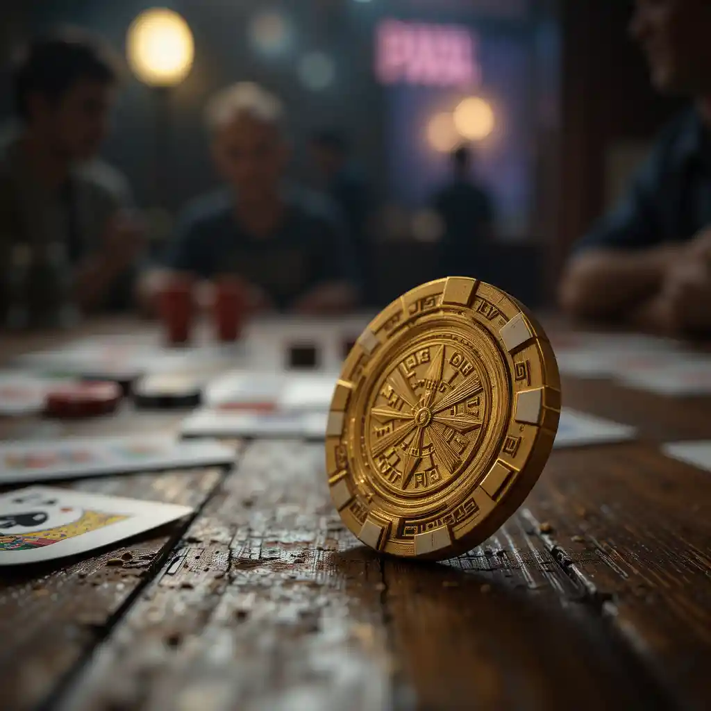 Golden poker chip on worn wooden table in soft focus