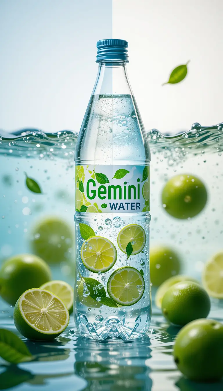 Realistic glass spring water bottle product advertisement