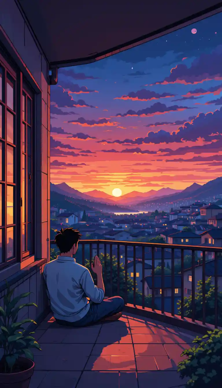 Man Praying On Apartment Balcony At Pixel Sunset Cityscape
