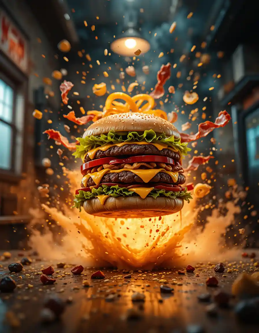 Exploding cheeseburger layers frozen in mid air