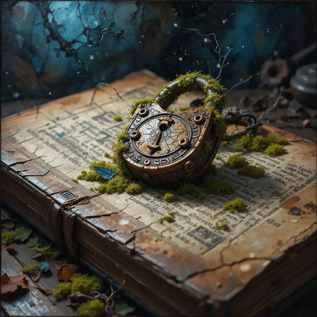 Old mossy barn lock on ancient book with magical symbols