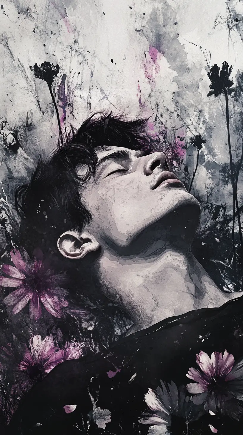 Young man with white hair in a surreal flower field