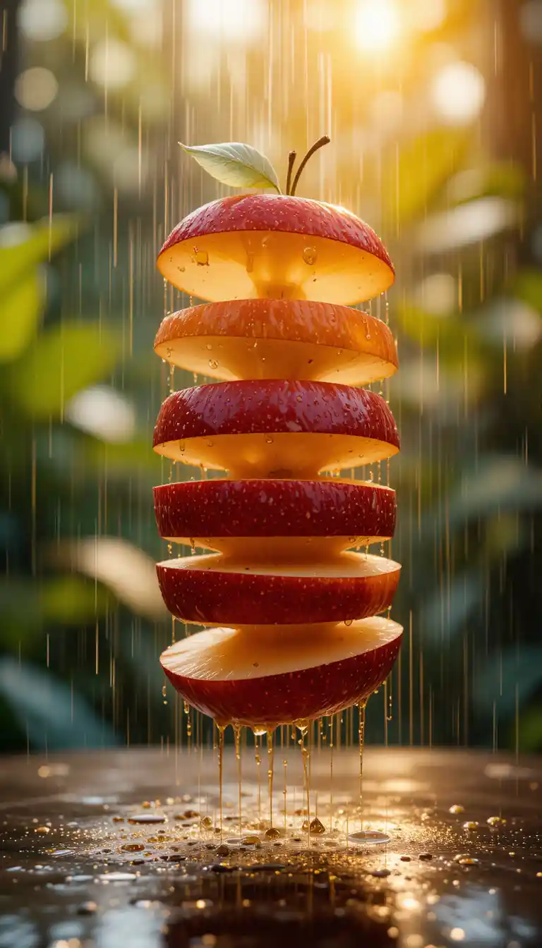 Sliced Apple Floating In Layers Over Tropical Garden