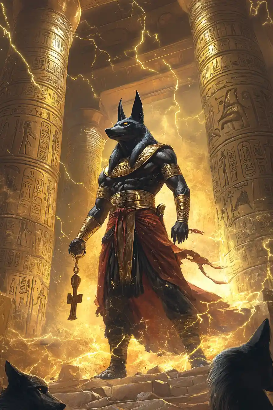 Anubis before a golden egyptian temple with swirling dust