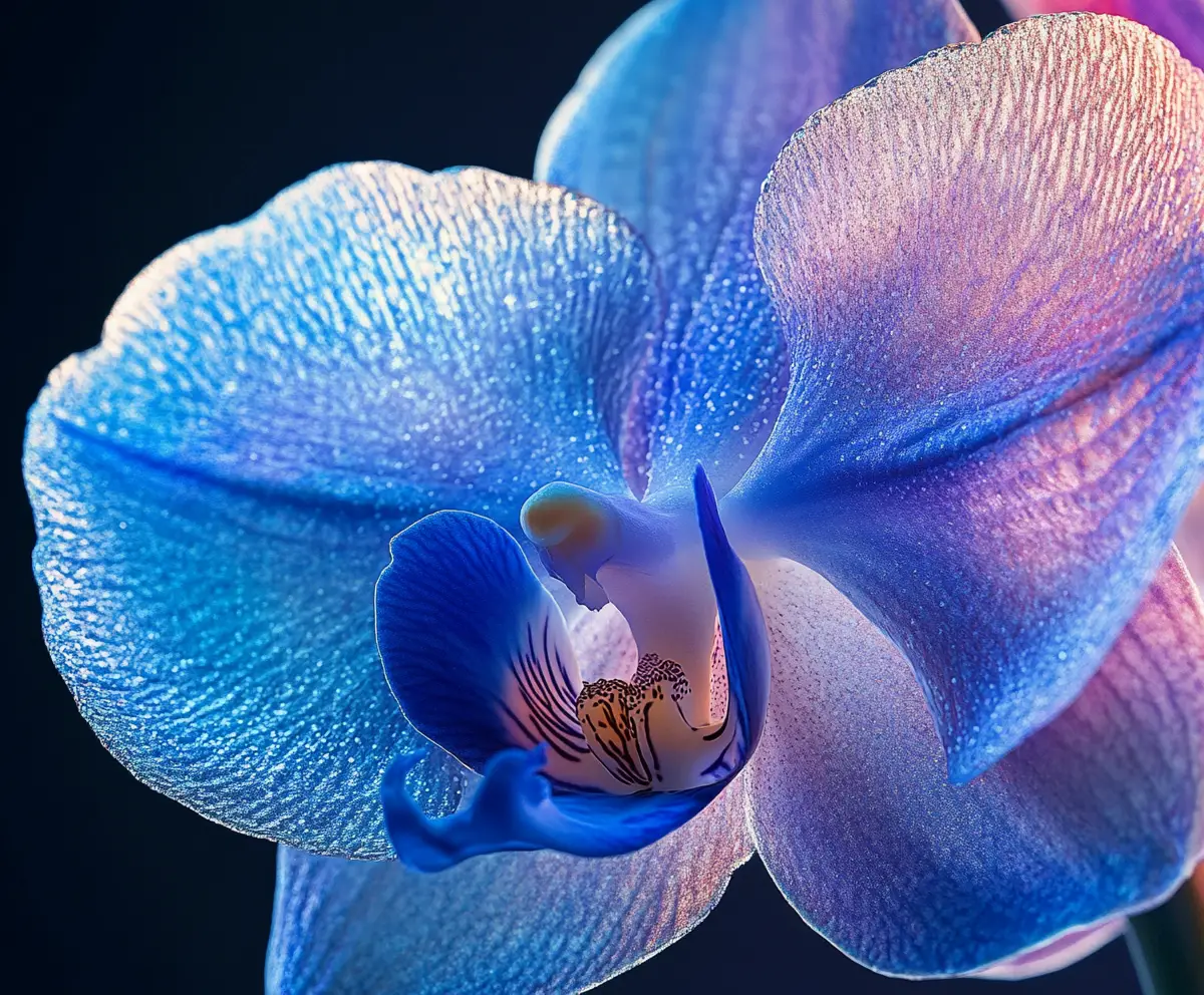 Surreal macro close up of a glasslike blue orchid