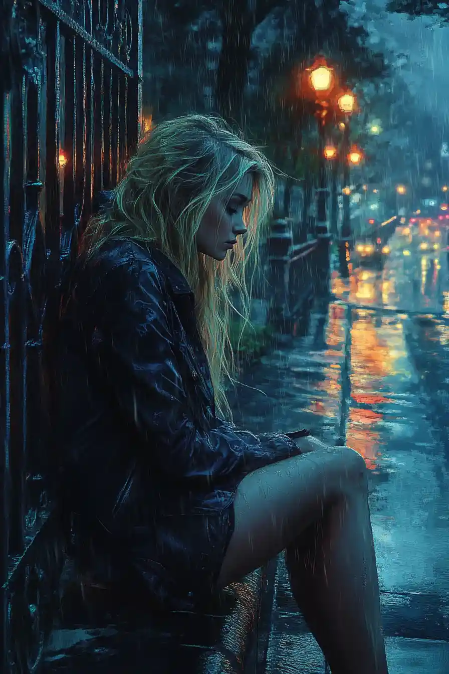 Sad woman by rainy city street at night
