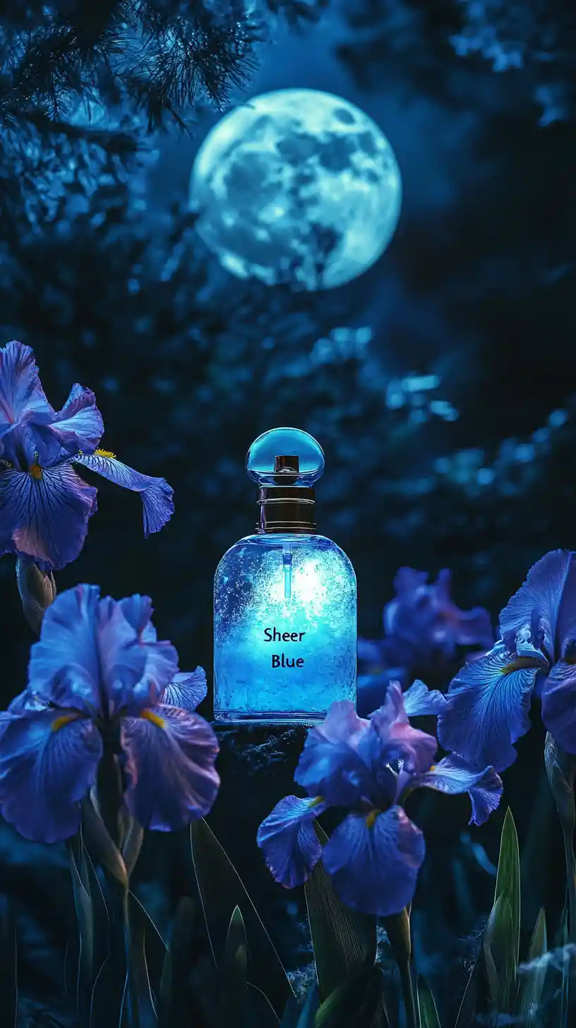 Perfume Bottle Under Blue Moonlight With Iris Flowers