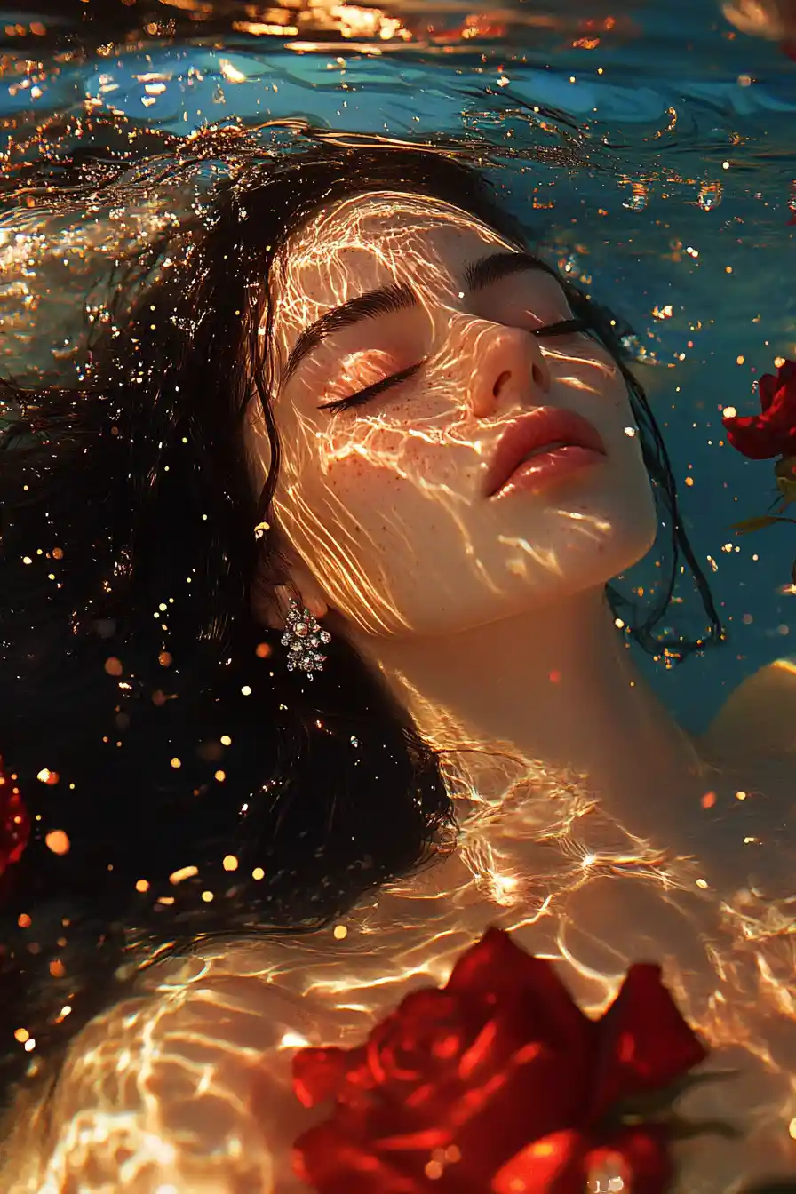 Frau unter Wasser mit roten Rosen im goldenen Licht