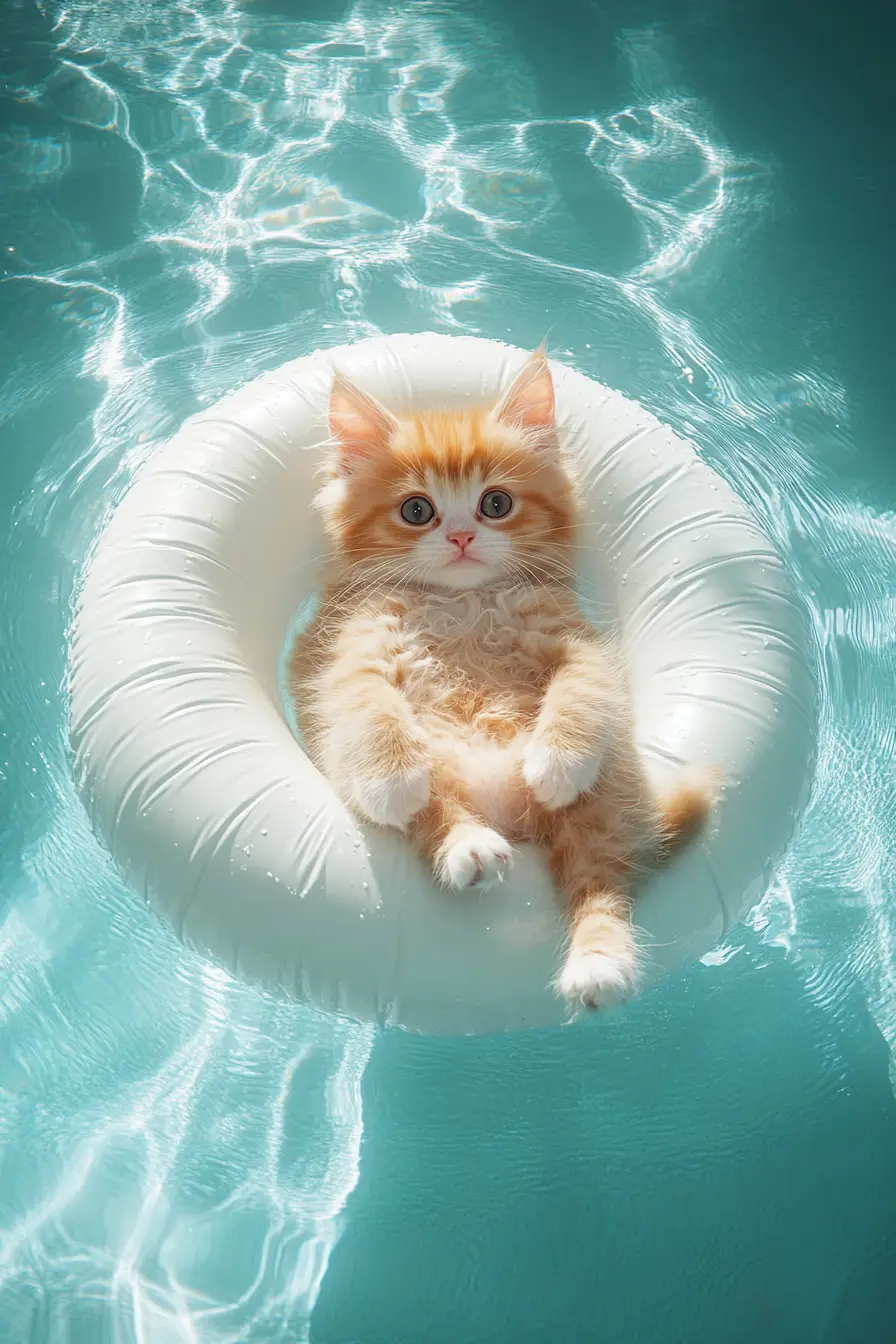 Cute baby yellow cat floating on a white pool tube
