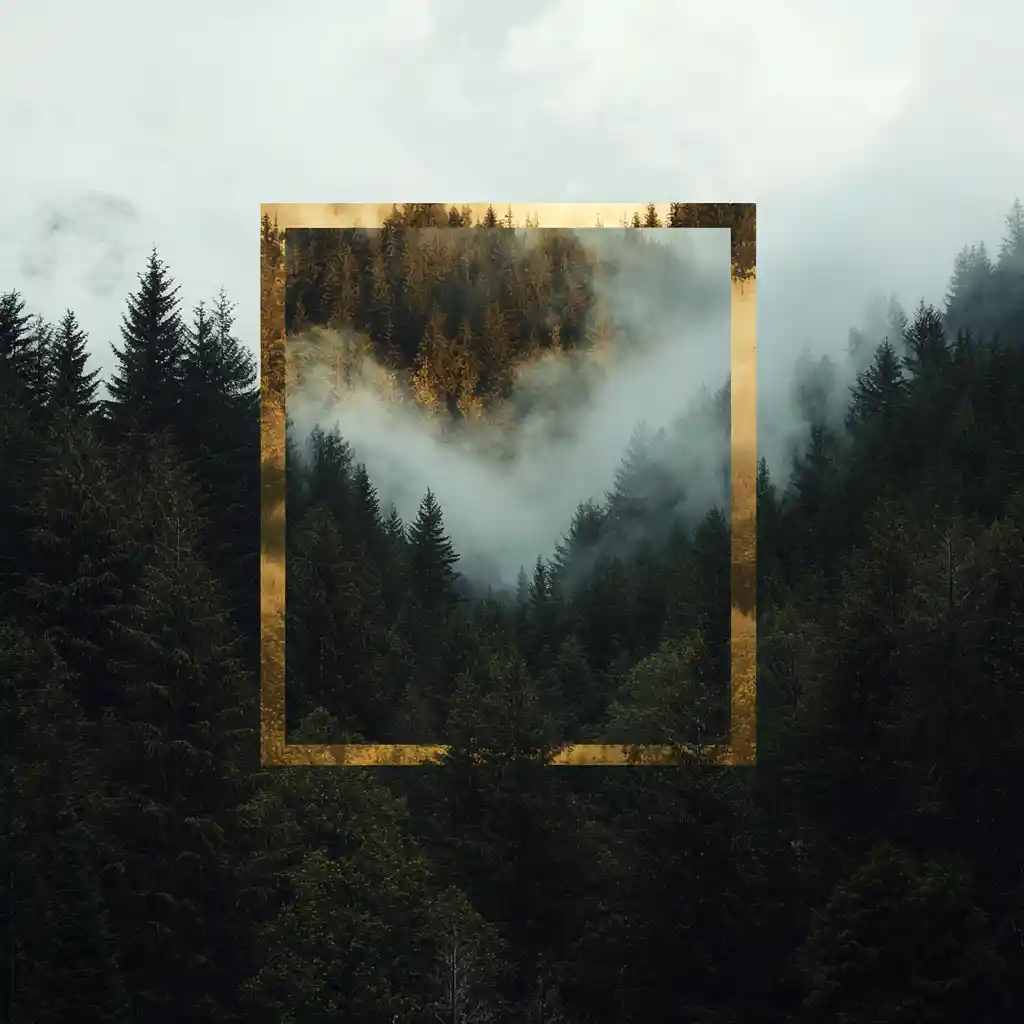 Foggy Mountain Forest With Dense Fir Trees And Clouds
