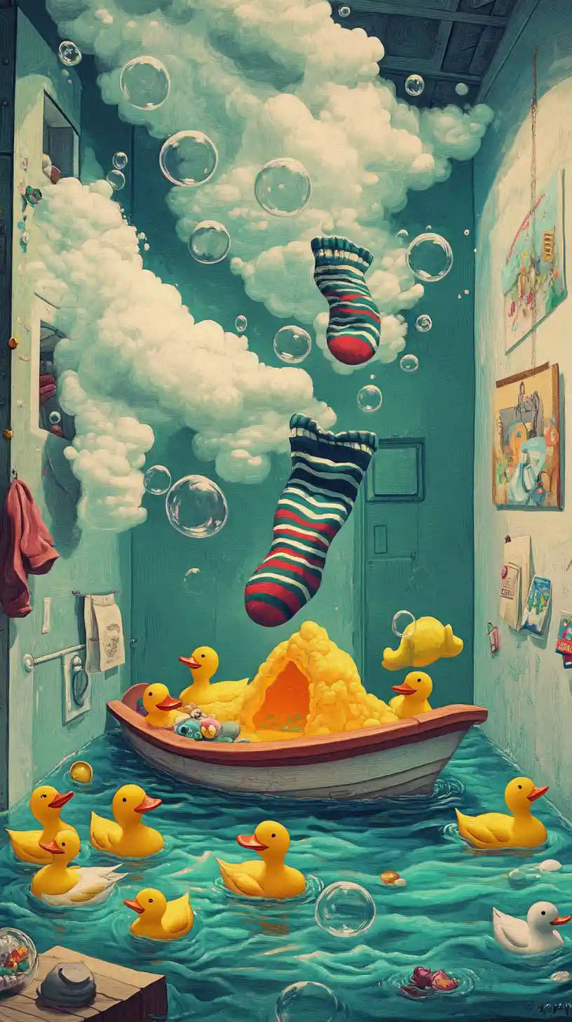 Lost striped socks sailing across a flooded laundry floor