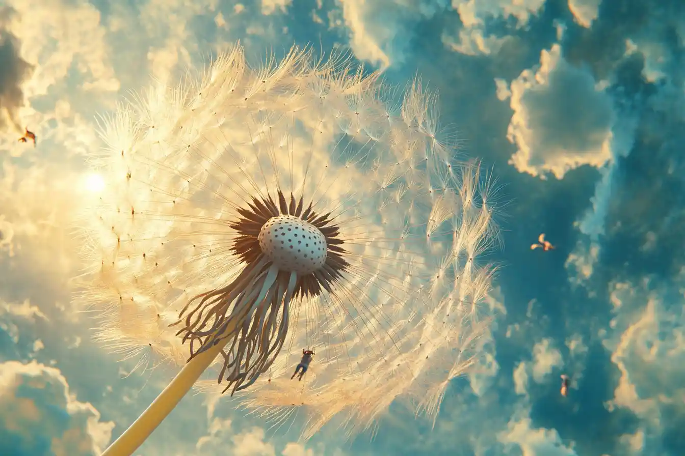 Giant dandelion seed head drifting above a tiny world