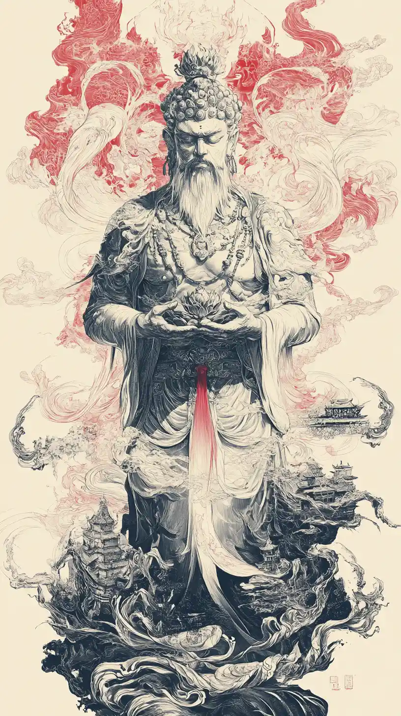 Mythic Buddhist Deity Tattoo Sketch With Dramatic Low Angle