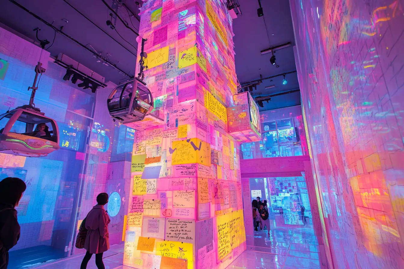 Surreal tower of pastel sticky notes glowing at night