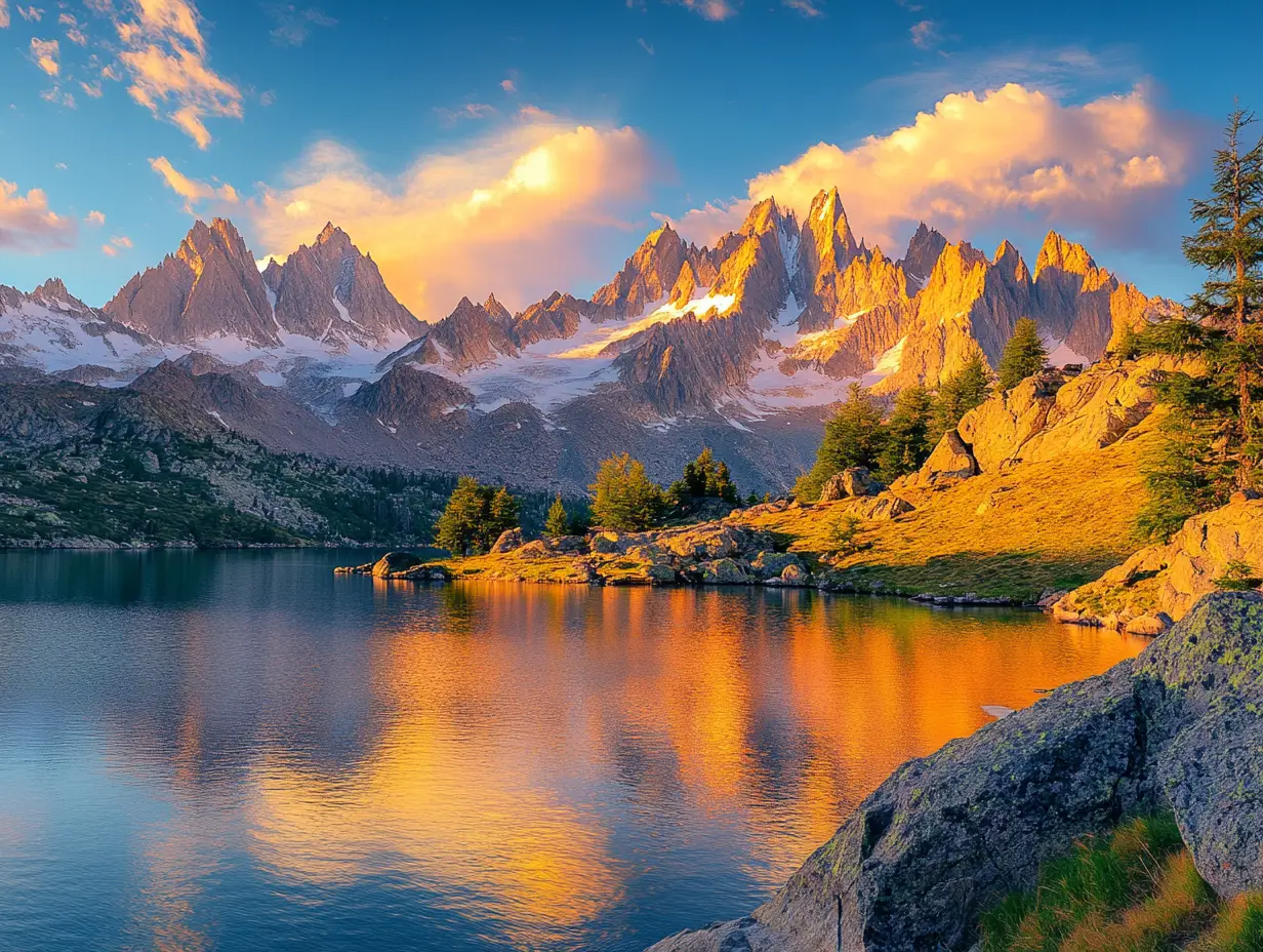 Golden sunset over alpine lake and snow capped peaks