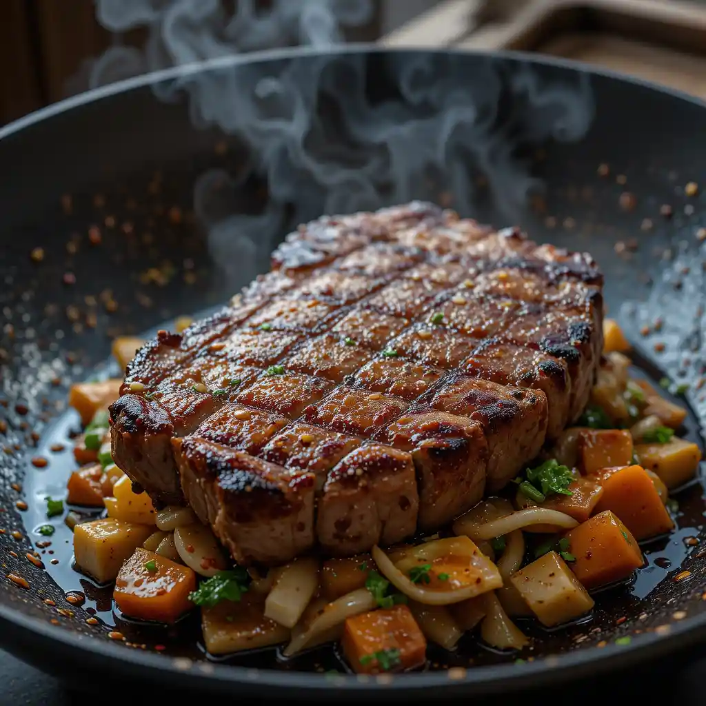 Grilled ribeye steak in wok over steamed vegetables