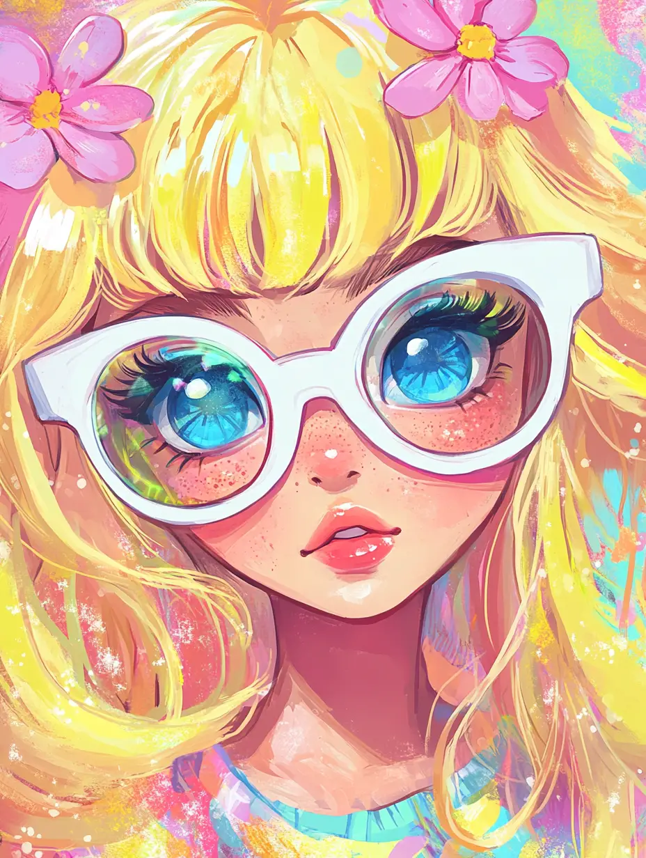Cute anime girl with sunglasses in crayon doodle style