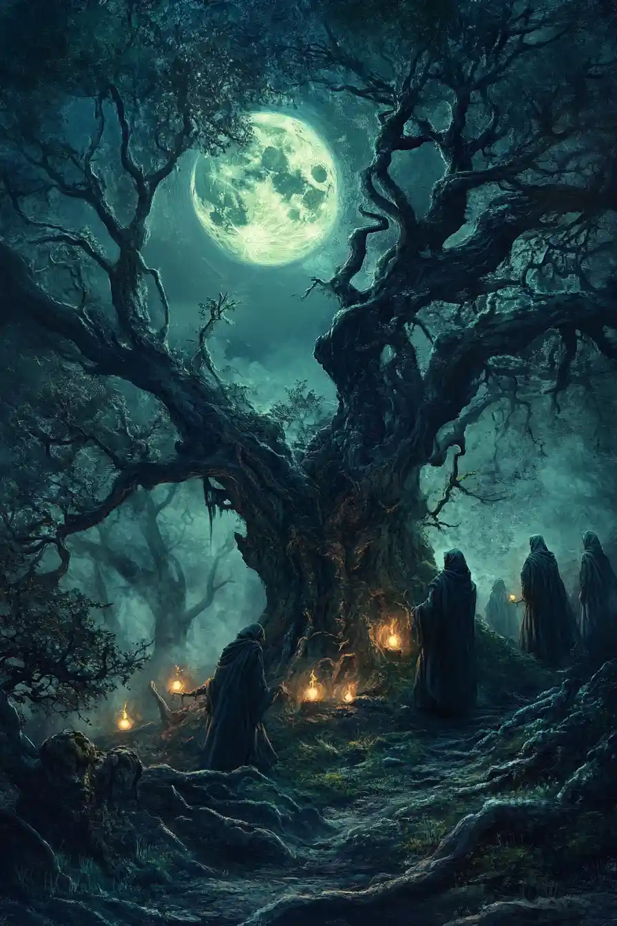 Druids Casting Magic In A Moonlit Enchanted Forest