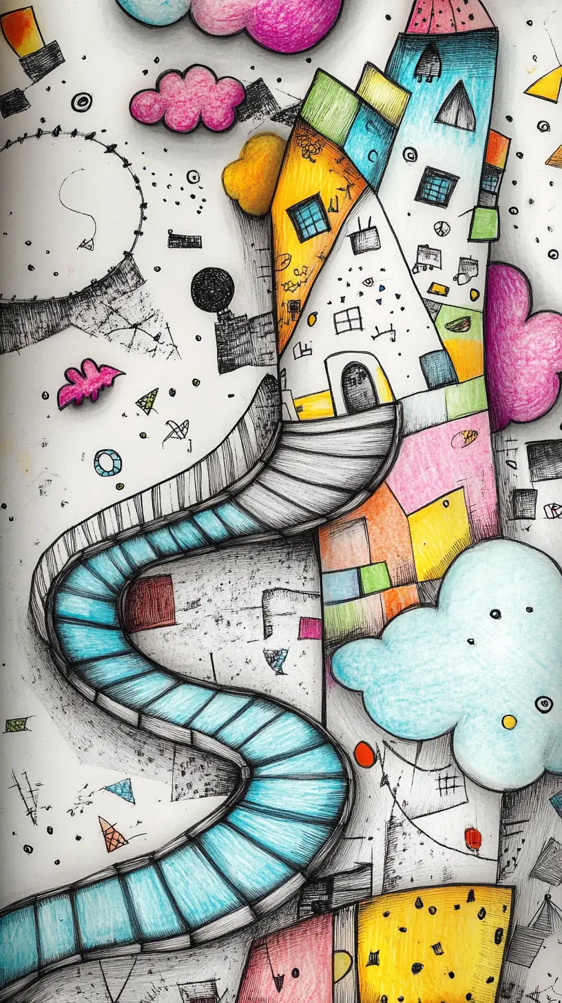 Giant Silver Safety Pin Slide In Childlike Crayon Art