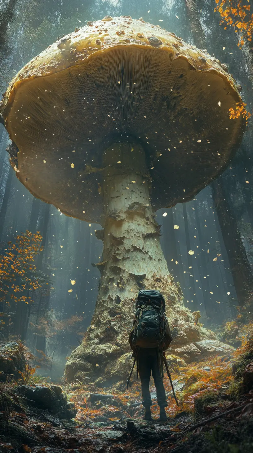 Backpacker Under A Giant Mushroom In Enchanted Forest