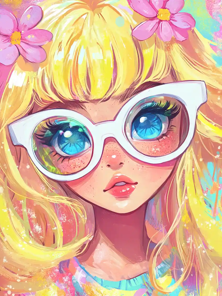Cute anime girl with sunglasses in crayon doodle style