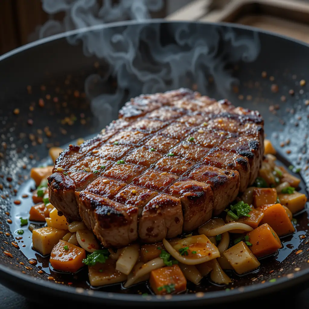 Grilled ribeye steak in wok over steamed vegetables