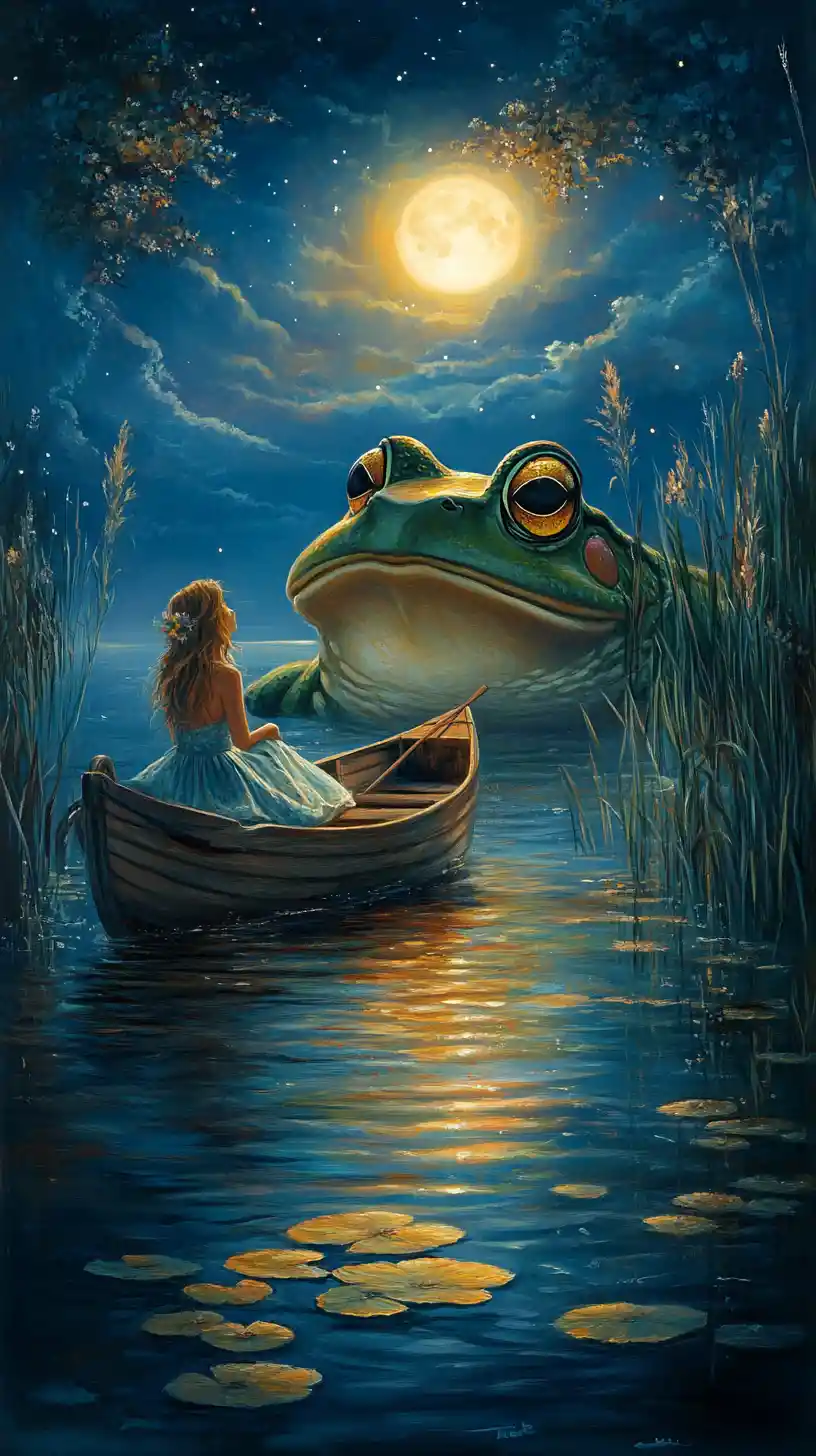 Woman In Boat Beside Giant Frog On Moonlit Lake