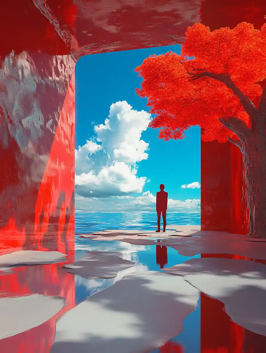 Surreal woman in a red and azure biomorphic dreamscape