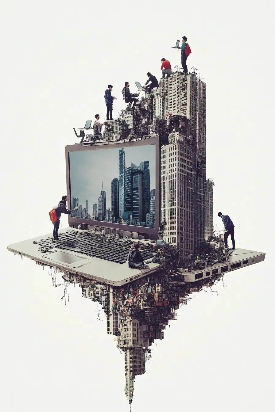 Pessoas Trabalhando em um Cenário de Arranha‑céu Laptop Gigante