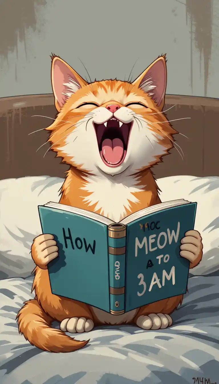 Orange tabby cat reading a funny book in bed