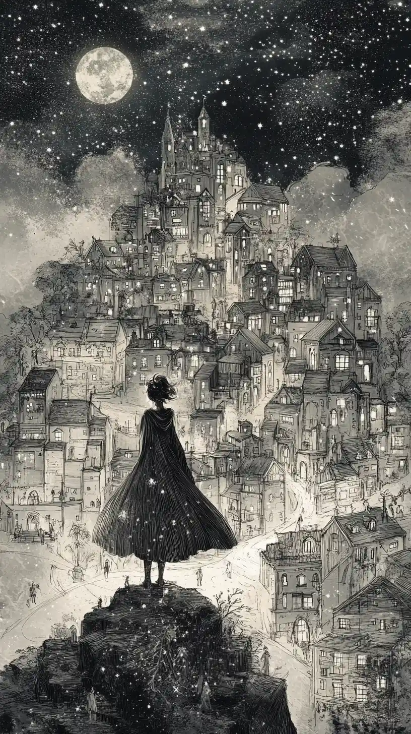 Giant girl walking above a tiny starlit fantasy town