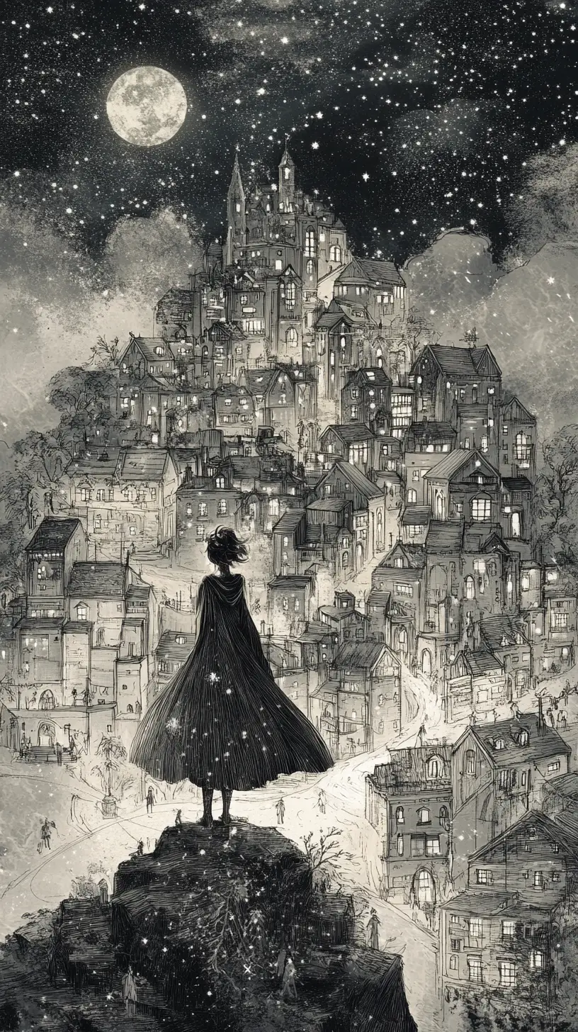Giant girl walking above a tiny starlit fantasy town