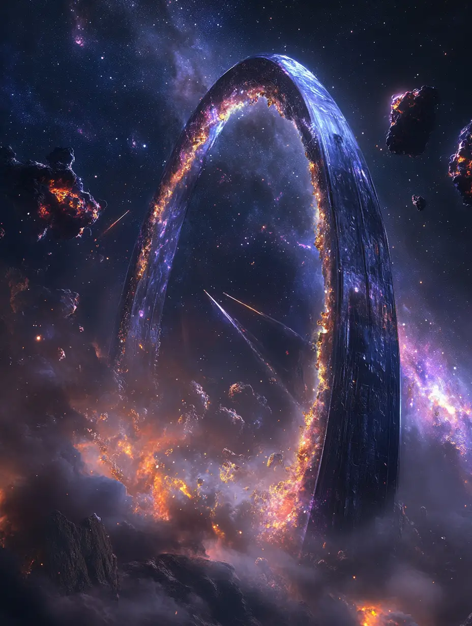 Surreal glowing space arch above comets and distant stars