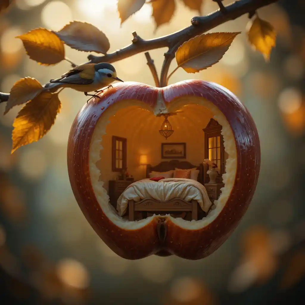 Gros plan cinématographique d’une pomme avec minuscule chambre sculptée