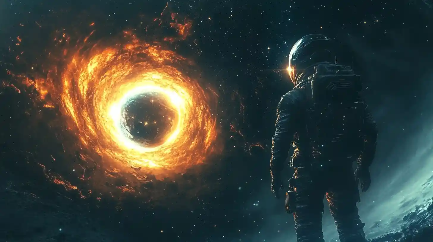 Lonely astronaut facing a glowing wormhole in space