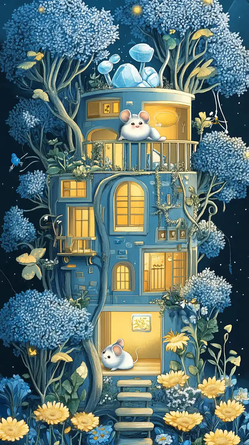 Two happy mice living inside a giant matchstick home